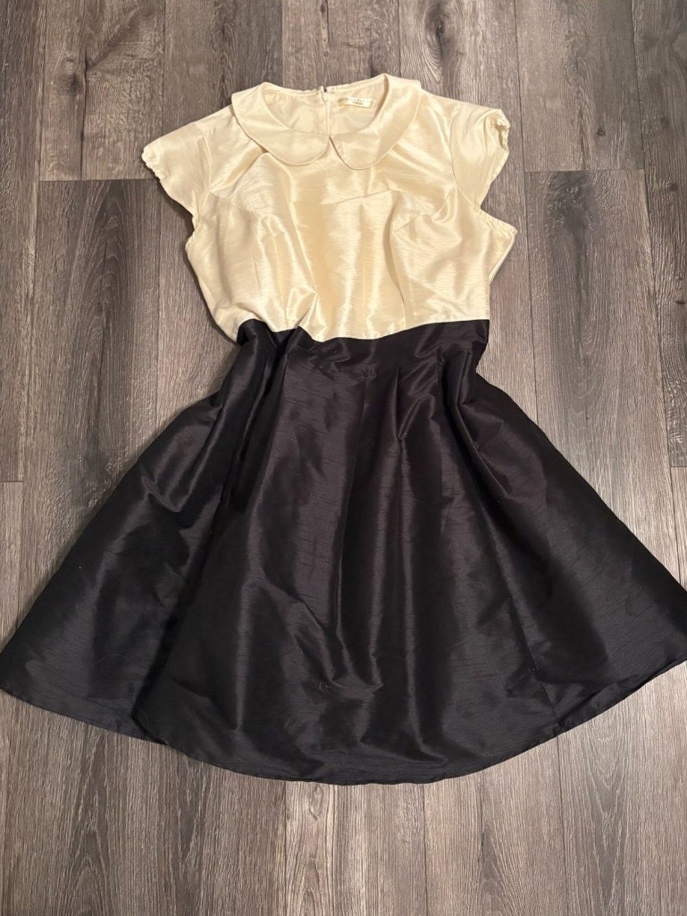 Two-Tone Peter Pan Collar Fit-and-Flare Dress - Cream Top, Black Skirt